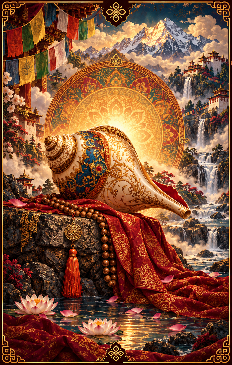 La Escucha: caracola ornamentada sobre un altar, con montañas, cascada y halo dorado.