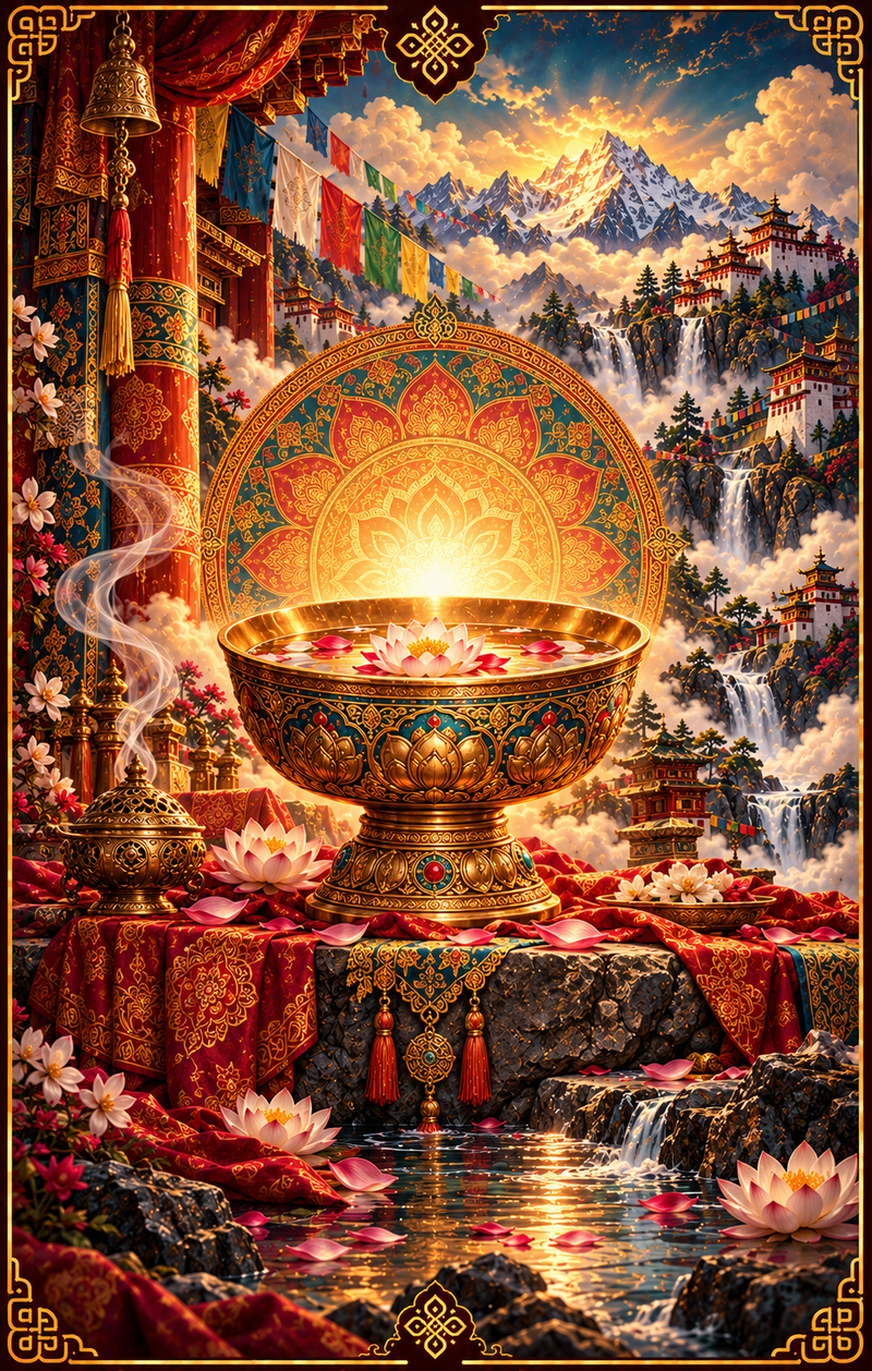 El Cuenco: cuenco ornamentado sobre un altar, con loto, agua y montañas al fondo.