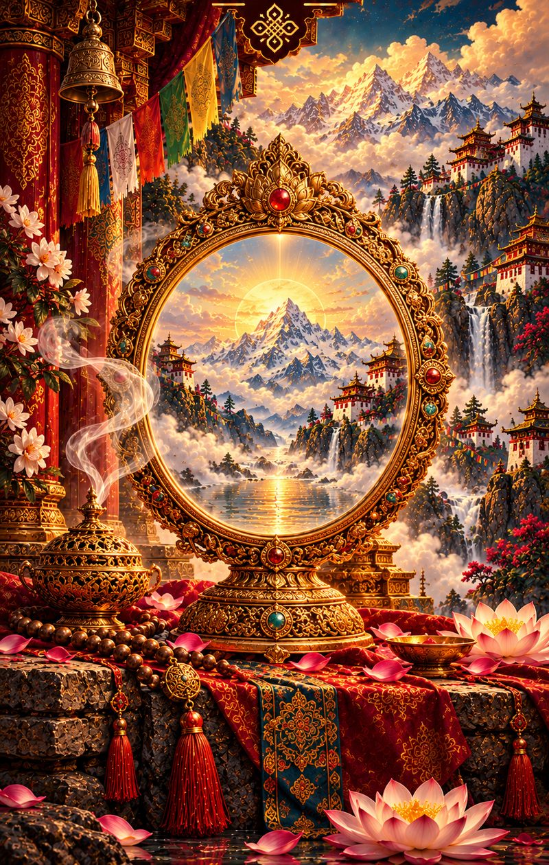 El Espejo: espejo ovalado de marco dorado que refleja montañas, junto a flores de loto.
