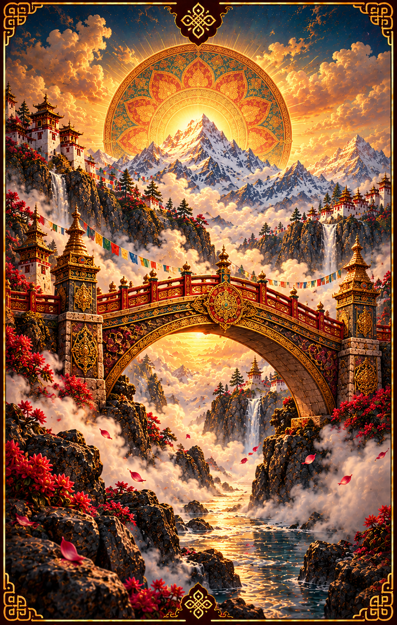 El Puente: puente ornamentado sobre un valle entre montañas y nubes, con halo luminoso.