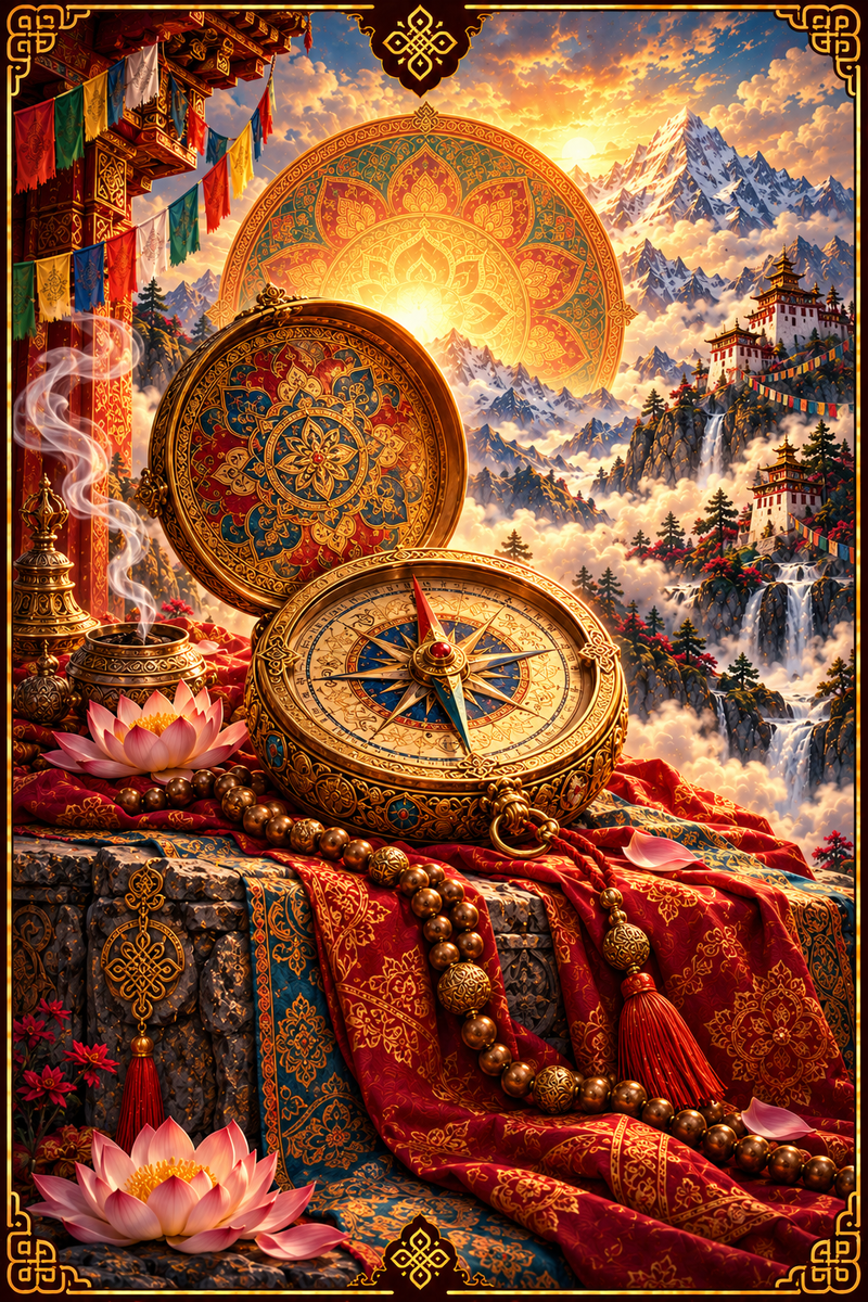 La Brújula: brújula dorada sobre un altar, con mandala, banderolas y montañas al fondo.