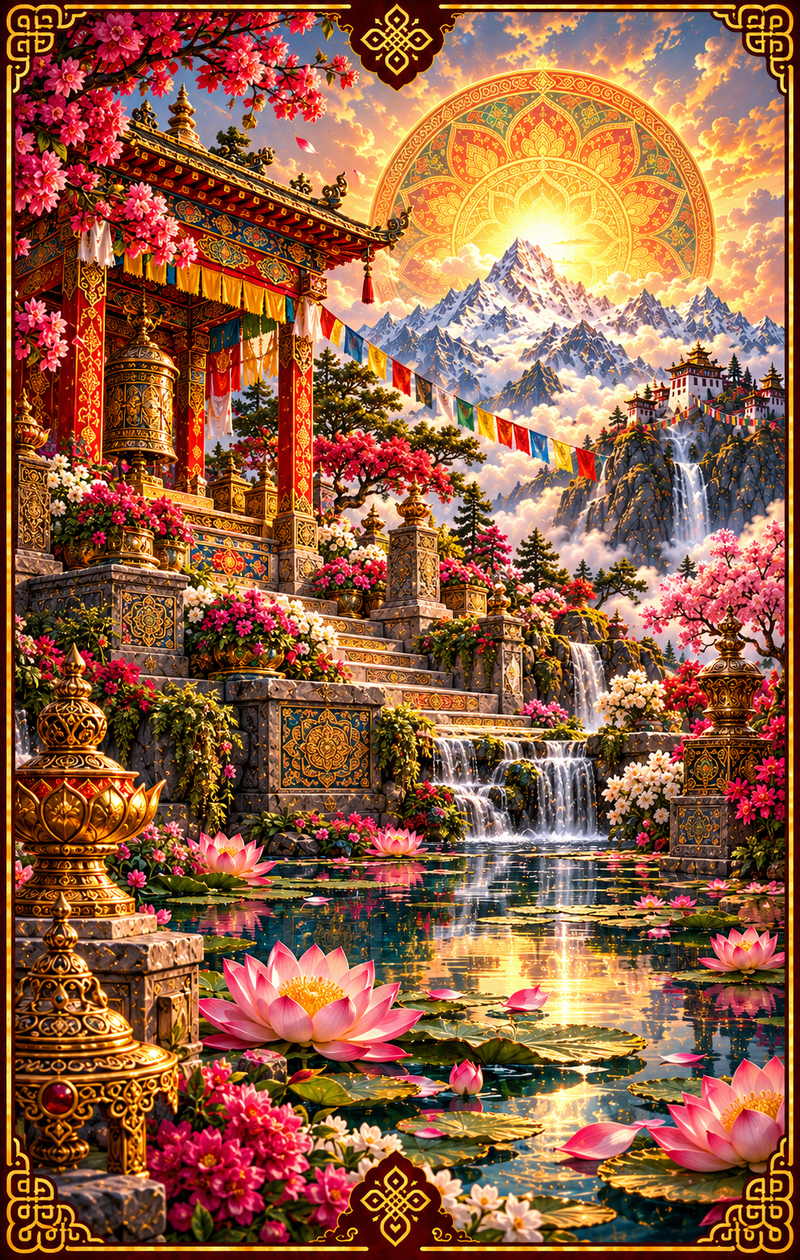 El Jardín: jardín en terrazas con flores de loto, pabellones, escaleras y agua.