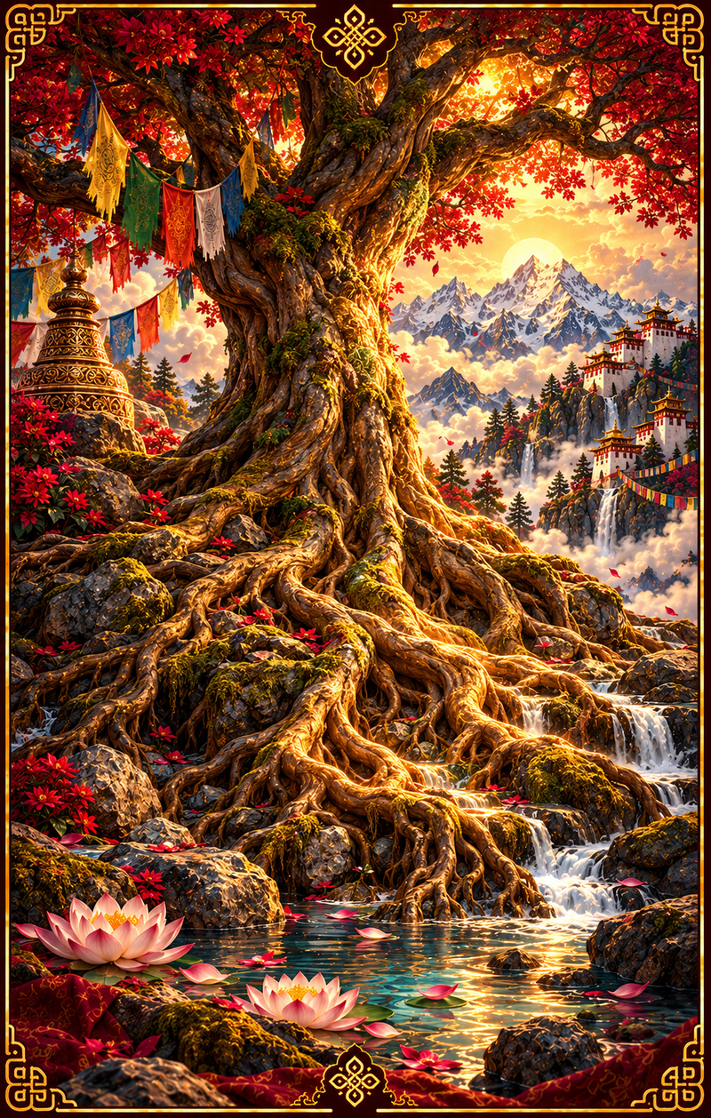 La Raíz: árbol de grandes raíces junto a un arroyo, con montañas y flores de loto.
