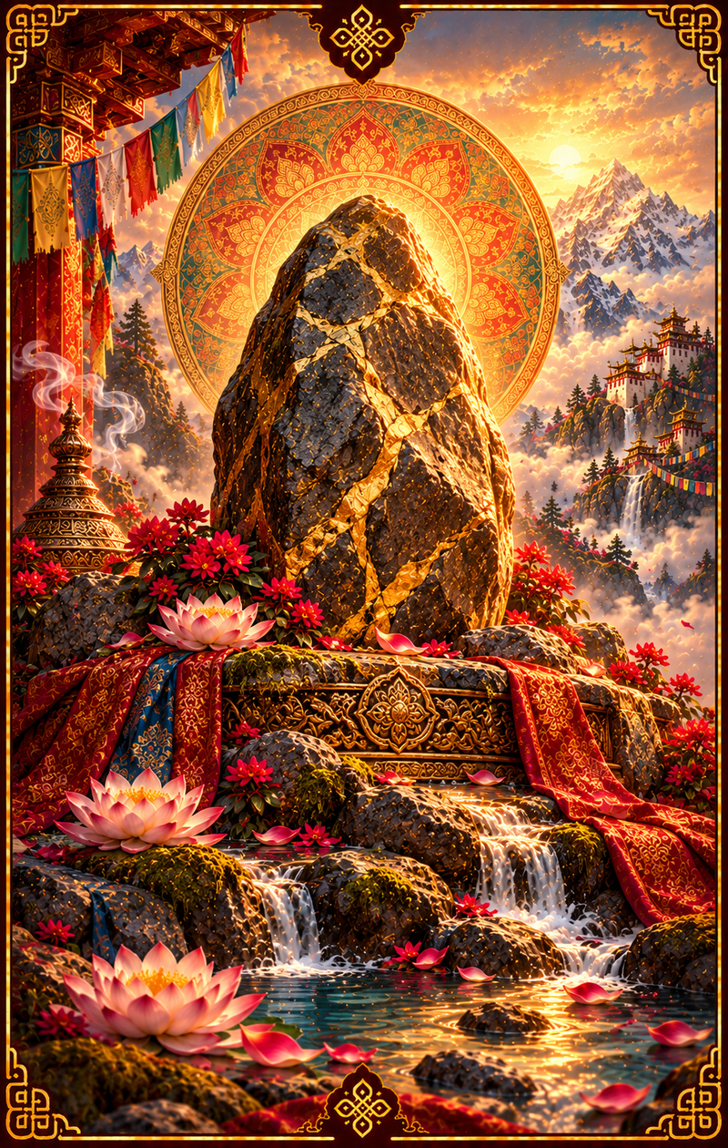 La Piedra: piedra oscura con vetas doradas sobre un altar, ante un halo luminoso.