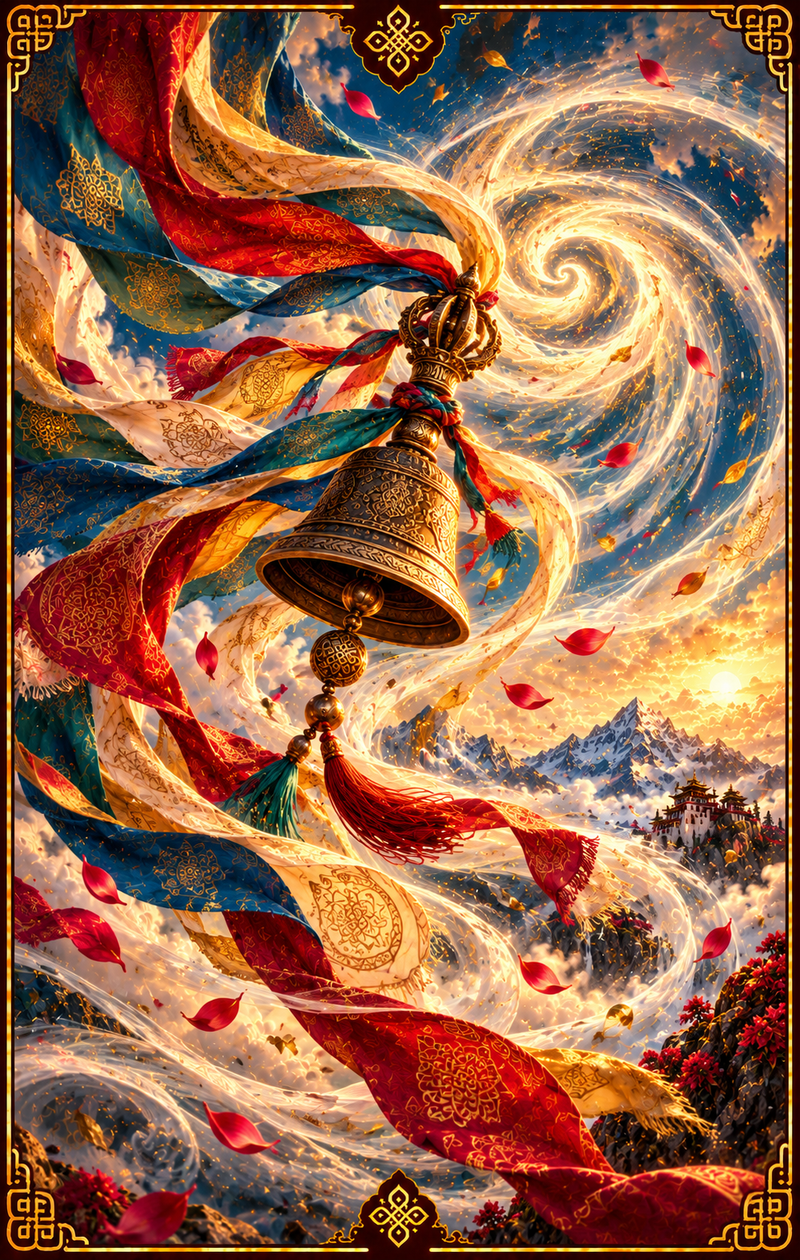 El Viento: cintas de colores y campana suspendidas en una espiral de viento sobre montañas.