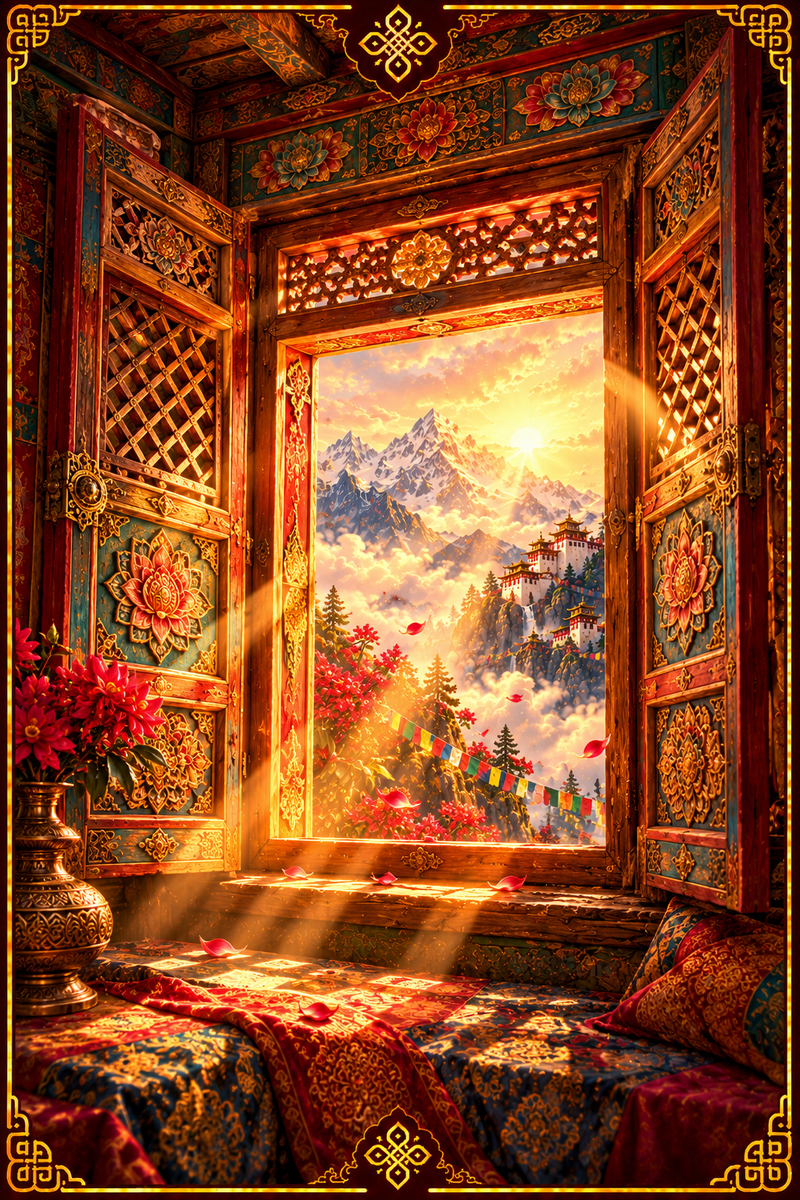 La Ventana: ventana de madera ornamentada abierta hacia un paisaje montañoso iluminado.