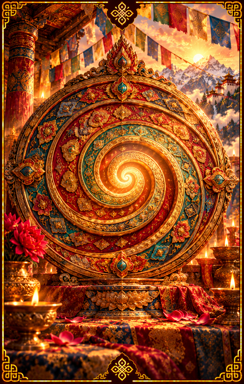 La Espiral: gran espiral dorada dentro de un círculo ornamentado sobre un altar.