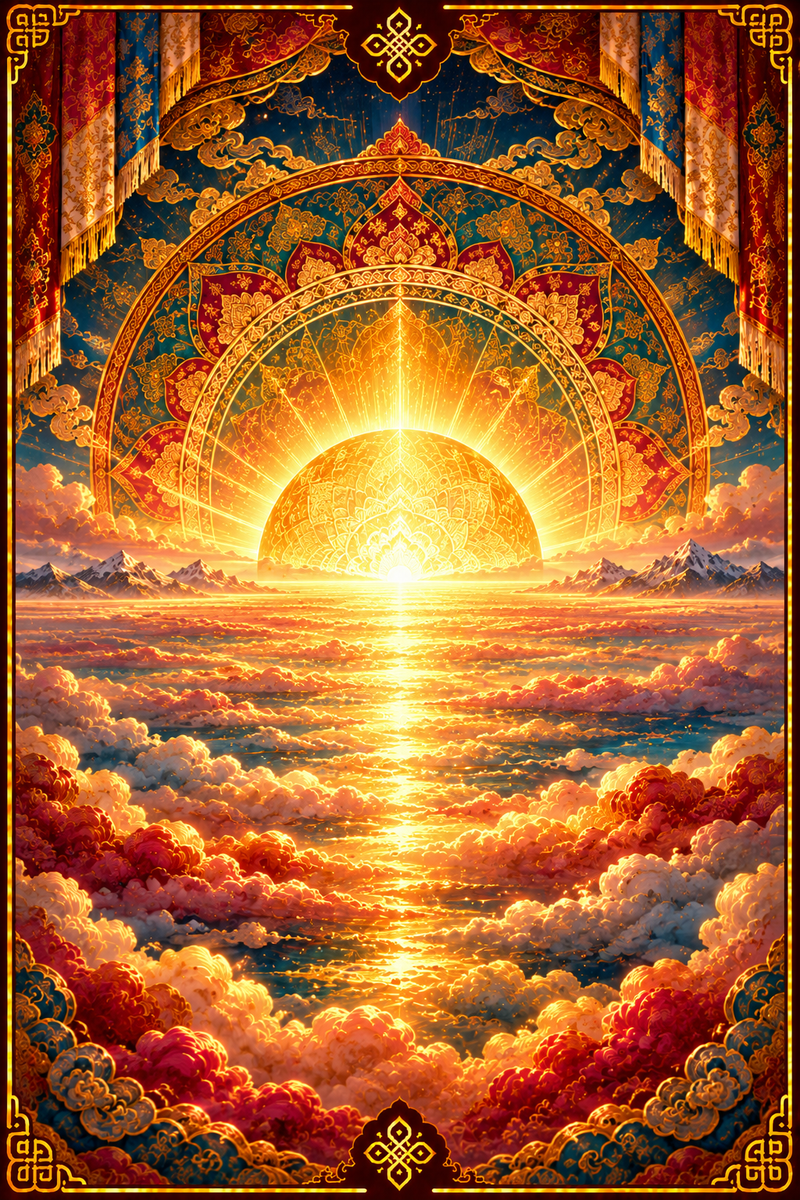 El Horizonte: horizonte luminoso sobre un mar de nubes, enmarcado por un arco ornamentado.